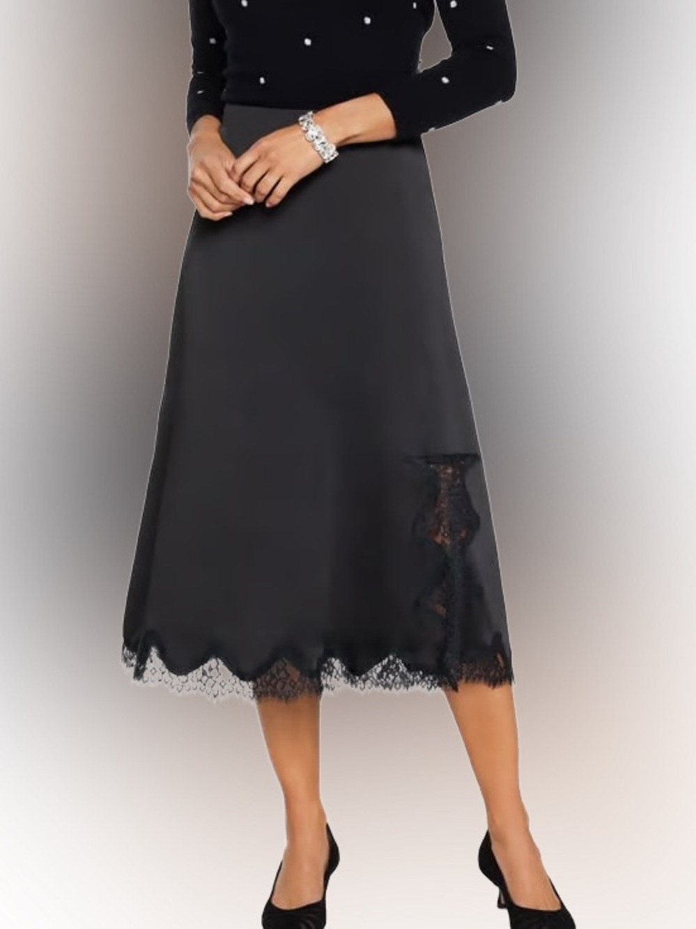 Talbots Black Midi Skirt with Lace Trim | Size 16